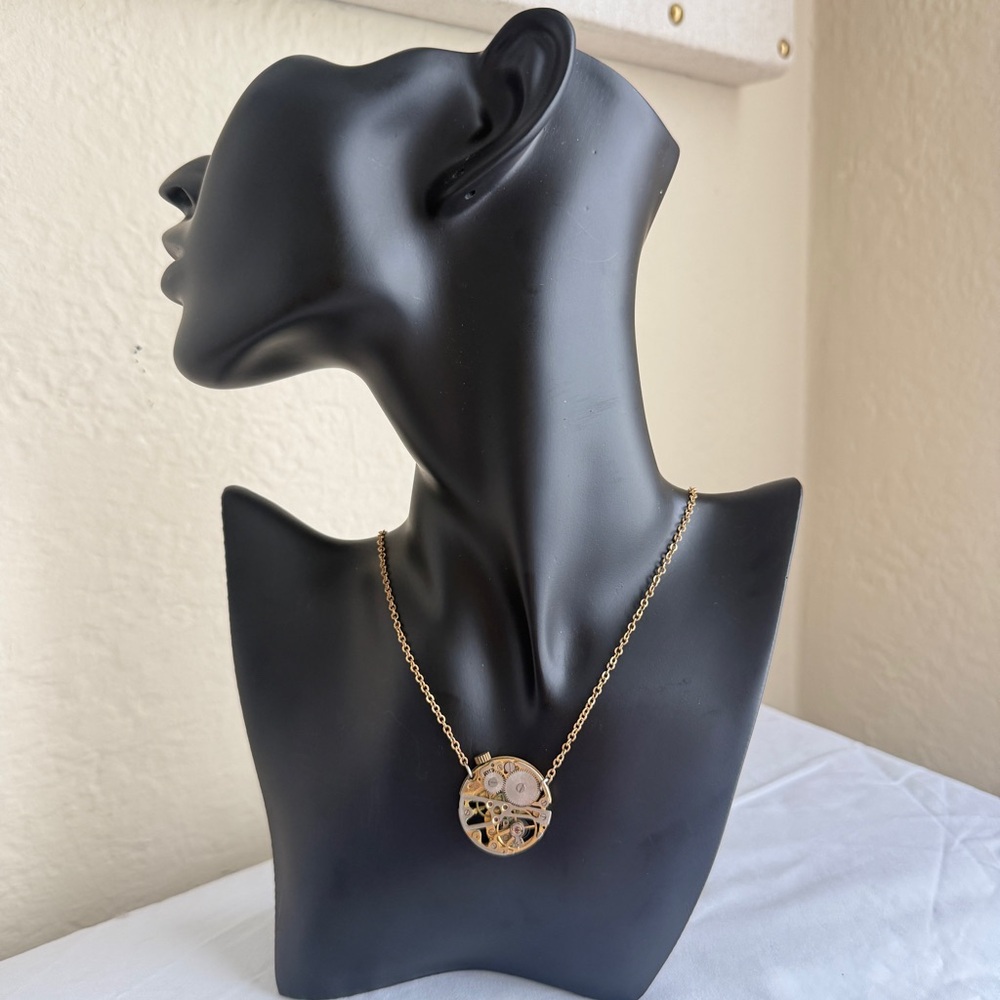 Handmade Watch Movement Pendant Necklace Gold Tone Mechanical Dial One of a Kind